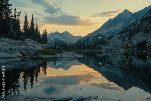 sunset reflected in a calm mountain lake, mirror-like surface, peaceful landscape - 