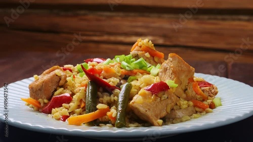 Bulgur with stewed meat and vegetables in a gray pan, rotating in a circle