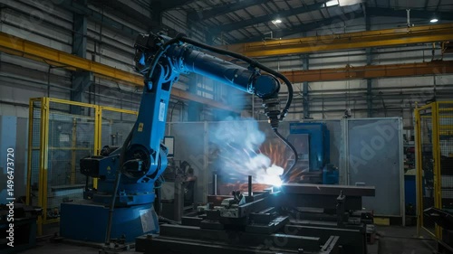 generating bright sparks and smoke in a technologically advanced manufacturing setting,, Industrial robotic arm performing a welding operation,  4k video