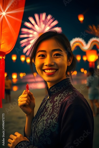 Celebrating lunar new year chinese festival with lanterns and fireworks happy asian woman