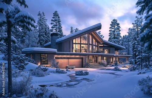 Serene winter residence: Modern architecture harmonizing with snow-covered landscape