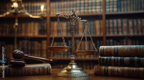 Antique brass balance scale, gavel, and stacked leather-bound law books on wooden desk with library shelves filled with books in the background