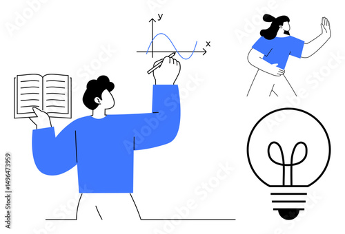 Person analyzing a graph while holding a book, a lightbulb symbolizing ideas, and another person in a motion pose. Ideal for education, creativity, innovation, learning, analytics, exploration