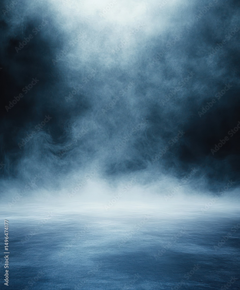 Fototapeta premium Misty dark blue fog over smooth reflective surface creating mysterious and atmospheric scene