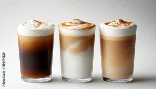 Wallpaper Mural Three glasses of layered coffee drinks with foam and cinnamon dusting on top arranged in a row on a white background Torontodigital.ca