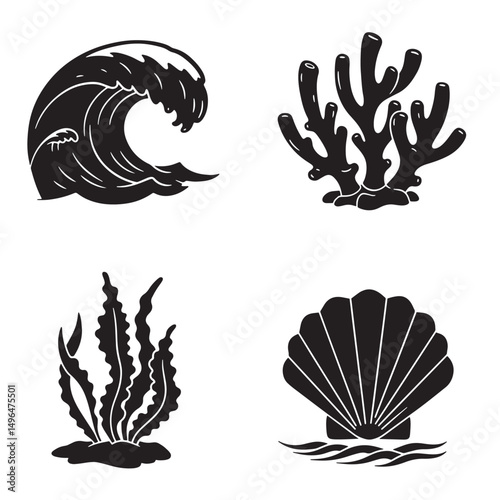 Black and white ocean elements including wave seaweed coral and scallop shell silhouettes