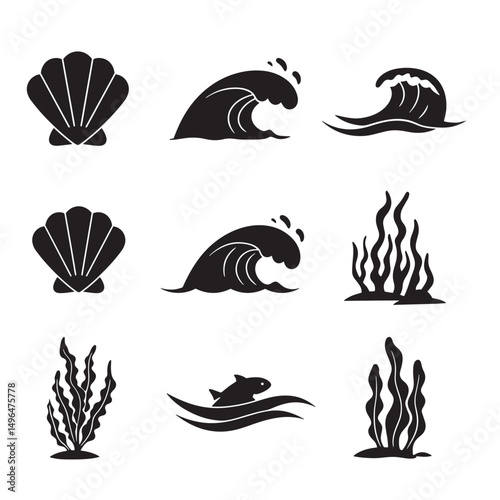 Ocean themed silhouette illustration featuring waves seashells seaweed and a fish