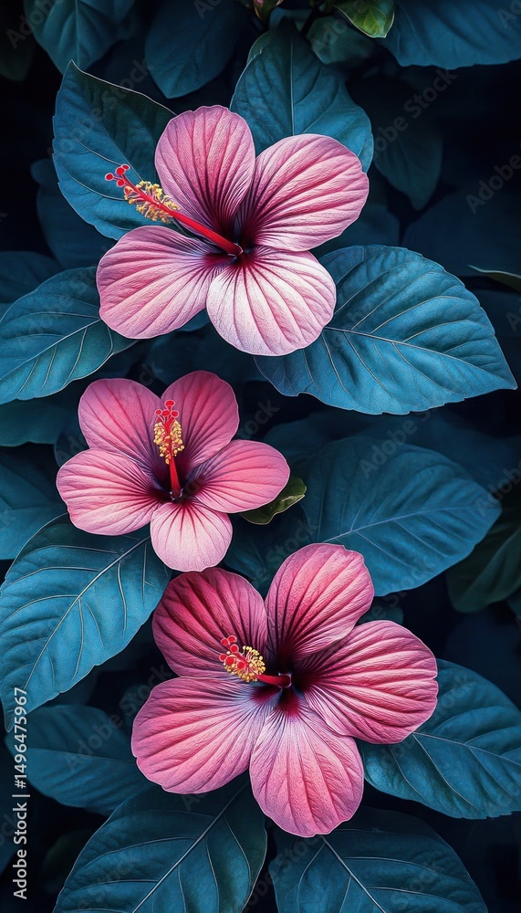 custom made wallpaper toronto digitalThree vibrant pink hibiscus flowers blooming among large dark teal-green leaves creating a striking contrast with soft natural lighting