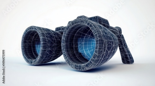 Wireframe binoculars, studio shot, white background, future tech concept