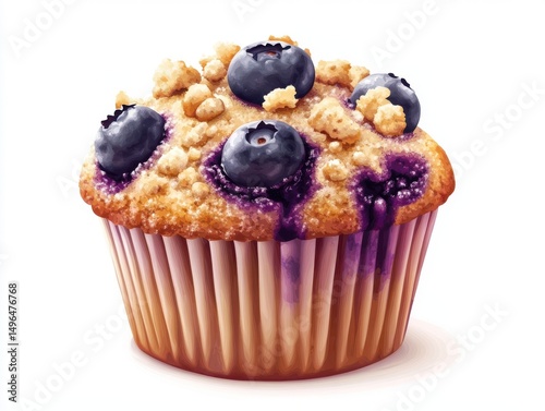 Vector blueberry muffin with crumble topping on white background  