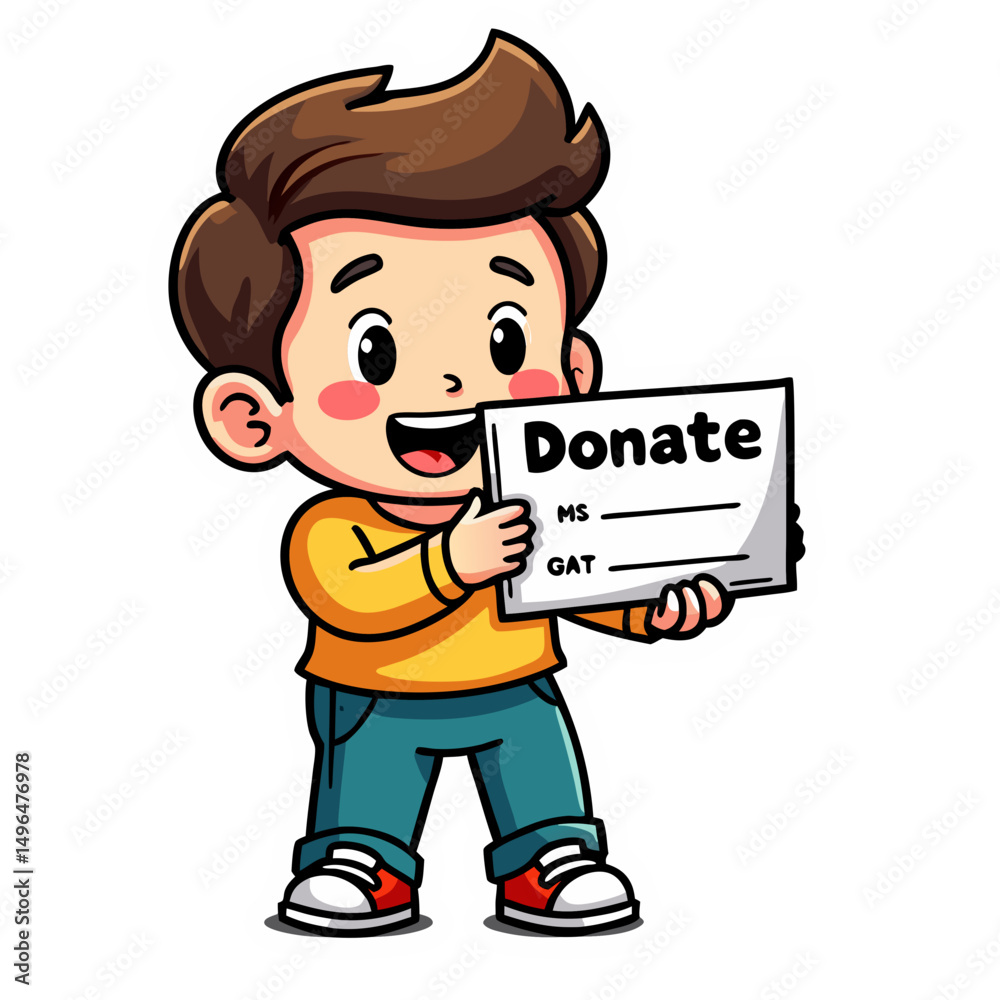 Fototapeta premium Boy holding paper sign donate