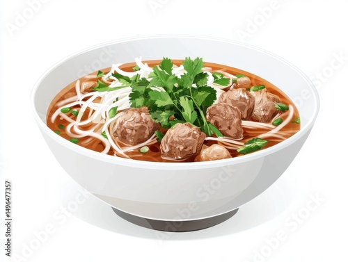 Vector bowl of pho noodles with meat and herbs on white background  