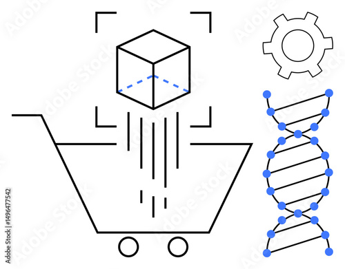 Shopping cart, 3D object scanner, gear, and DNA strand highlight innovation in e-commerce, advanced technology, biotechnology, digital design, future trends, scientific development and simple
