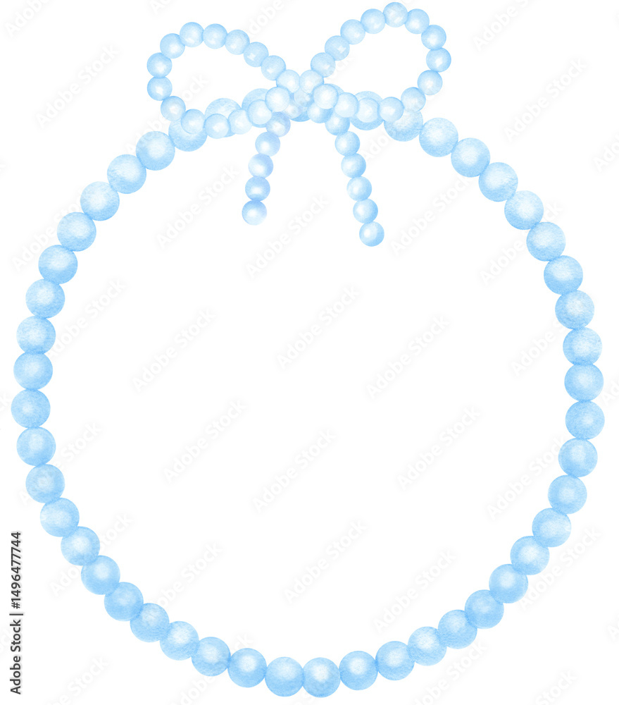 Obraz premium Cute Blue Pearl Frame Circle shape with ribbon bow watercolor