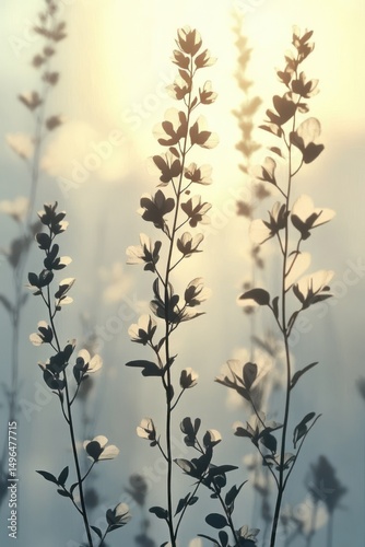 Delicate thin branches with small translucent leaves softly lit by warm backlight creating a serene and peaceful atmosphere
