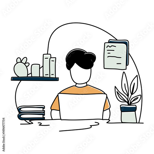 Student online learning at desk. Focused individual at a laptop, books nearby. Perfect for e learning, remote work, or study concepts. The atmosphere is diligent and calm