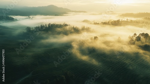 Sunrise mist over valley tea plantation