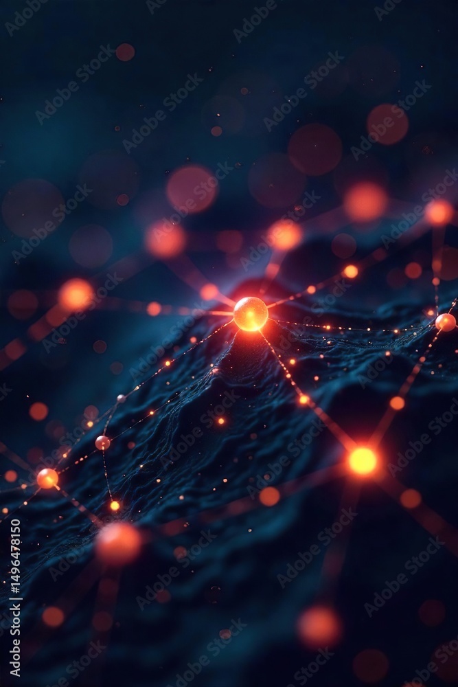 Fototapeta premium A network of glowing nodes and lines connecting and branching out, symbolizing innovative interconnectedness and technological advancement , development, communication, design