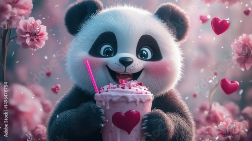 Whimsical panda character enjoys sweet treat amidst a floral bloom celebration