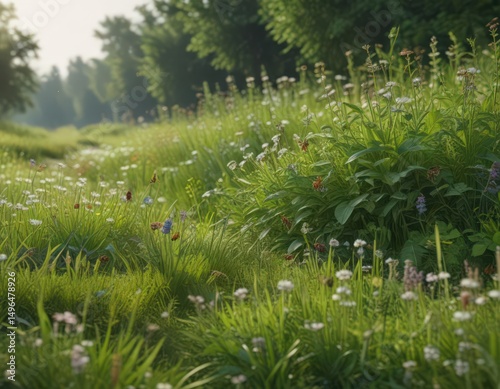 Dense border of flourishing meadow plants; insects actively foraging , summer, meadow, detail