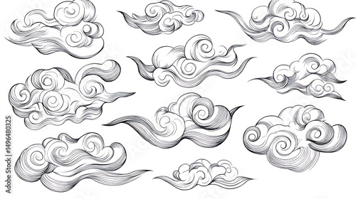 Asian-style swirling clouds collection, white background, design elements, graphic illustration