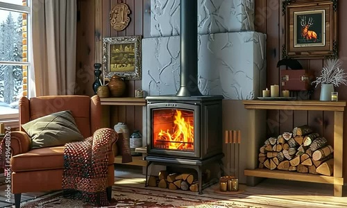 Warm Winter Living Room with Fireplace and Window-Side Armchair