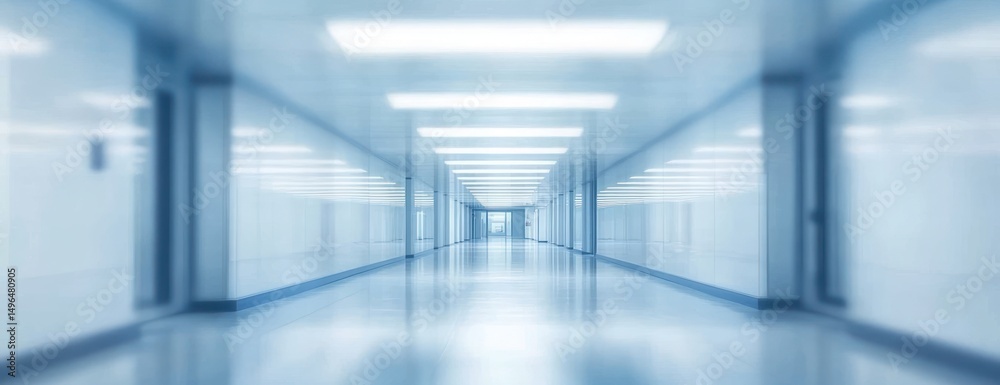 Fototapeta premium Long empty hospital or office corridor with glossy floor and bright ceiling lights creating a sterile atmosphere