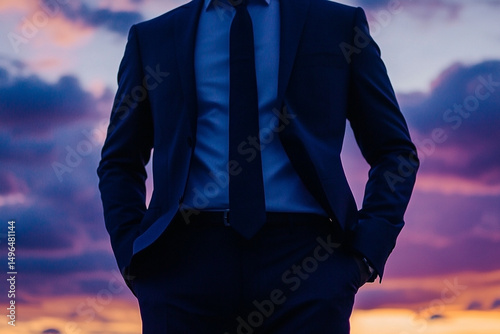 A Silhouetted Business Professional Against a Vibrant, Colorful Sunset Sky