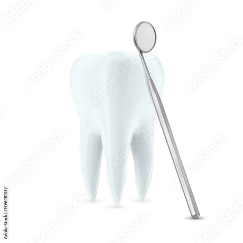 3d tooth with dental mouth mirror isolated on a white background. Realistic tooth and dental mouth mirror