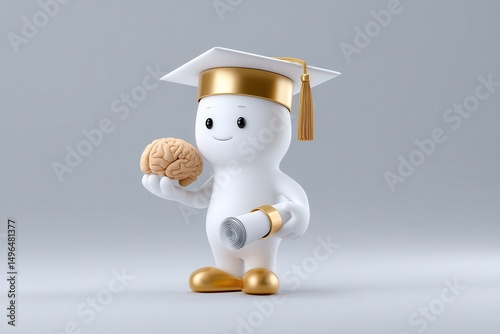 A whimsical 3D character in the shape of a diploma wearing a gold graduation cap and holding a brain symbolizing the successful completion of medical or healthcare related studies
