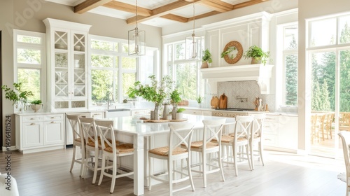 Bright white kitchen island, large windows, sunny home interior, design inspiration