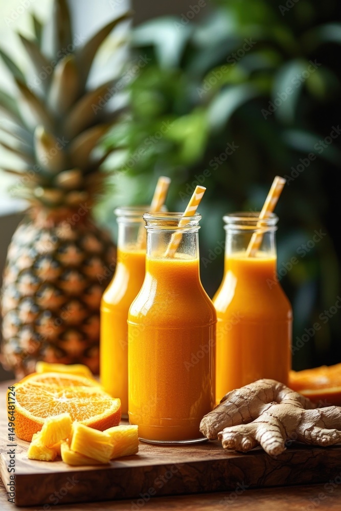 Fototapeta premium Three bottles of fresh orange and pineapple juice with paper straws, surrounded by sliced orange, pineapple chunks, and fresh ginger root on a wooden surface with blurred greenery background