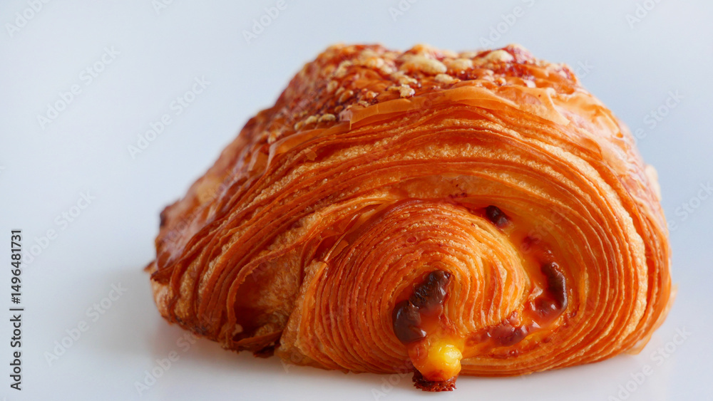 Fototapeta premium Close up Fresh baked appetizing Buttery croissant filled with ham and Melted Cheese, pastry bakery made of croissant dough, Savory Crusty Breads