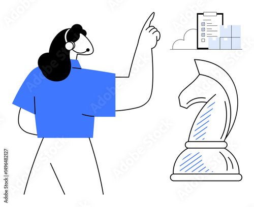 Woman pointing upward, standing near a large chess knight and checklist on cloud. Ideal for planning, strategy, business, decision-making, organization, leadership conceptual thinking. Minimal flat