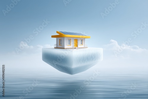 A modern eco friendly floating house with solar panels gently resting on the calm reflective surface of the water