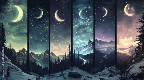 Different phases of the moon over a winter mountain landscape.