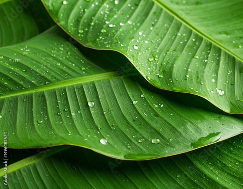 Close-up of vibrant green banana leaves