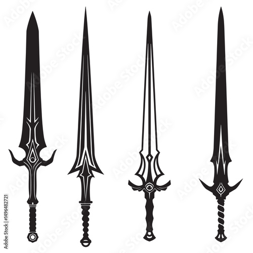 Collection of four ornate silhouette swords with unique hilt designs