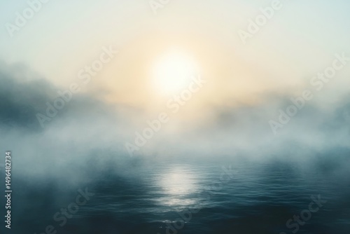 Sun rising over a misty calm body of water with soft light breaking through thick fog creating a serene and tranquil atmosphere
