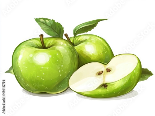 Vector green apple with slice cut out on white background 