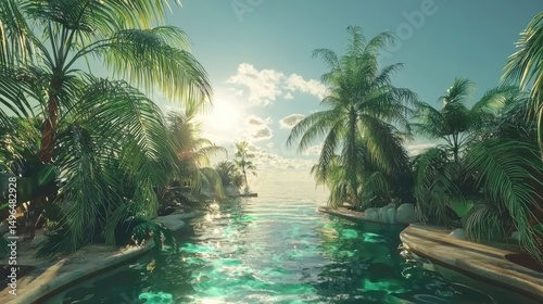 Lush tropical waterway at sunrise.