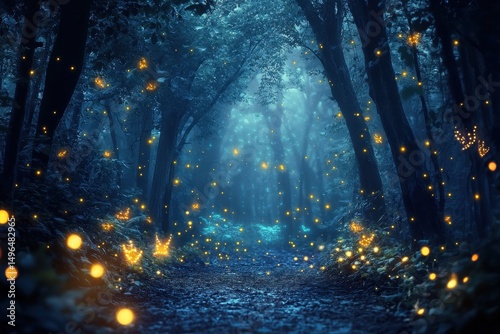 Magical night in a fairy forest illuminated by glowing orbs and twinkling lights, An amazing magical night fairy forest full of mystical lights, fireflies and fairies
