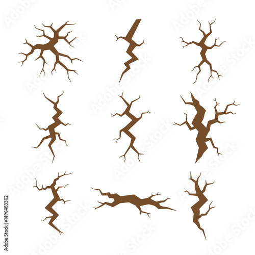 Set of brown silhouette crack and break graphics isolated on white background design elements