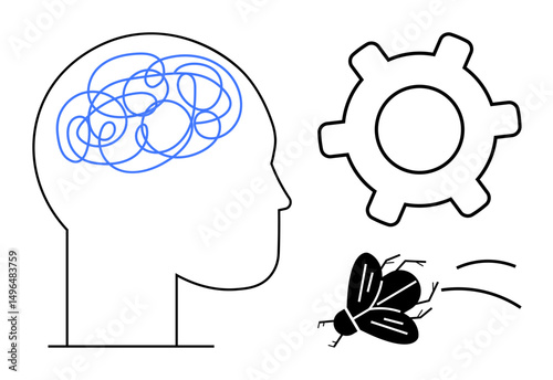Profile head with tangled brain lines, gear symbolizing thinking, fly representing distraction or irritation. Ideal for mental health, focus, brainstorming, problem-solving, psychology