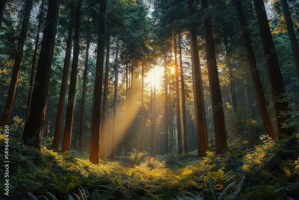 Naklejka premium Sunlight beams piercing through dense tall trees illuminating lush green forest floor covered with ferns creating a serene and magical atmosphere