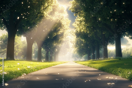 Serene pathway adorned with sunbeams illuminating a lush green landscape