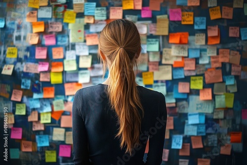 woman with long hair tied in a ponytail standing and looking at a wall covered with colorful sticky notes expressing overwhelming thoughts and planning