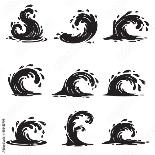Set of vector silhouettes depicting dynamic ocean waves and water splashes