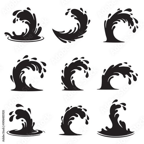 Set of nine black and white water wave silhouettes representing motion and splashing
