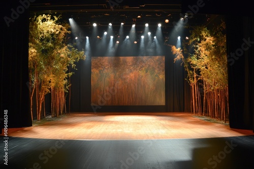 Empty ethnic and folk dance stage with naturalistic lighting, creating a dramatic atmosphere and elegant backdrop for cultural performances and artistic expression